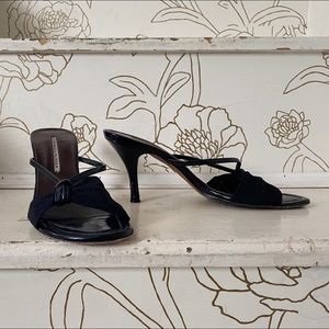 Donald J. Pliner Black Mesh & Patent Leather Strappy Front Kitten Heel